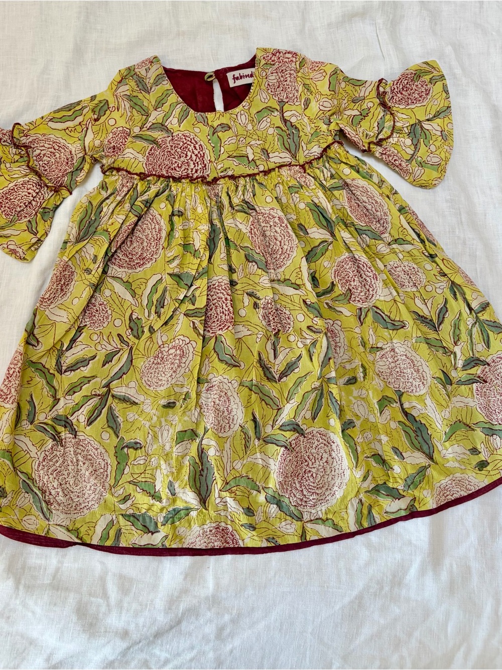 fabindia Green Floral Baby Dress with Maroon Trim